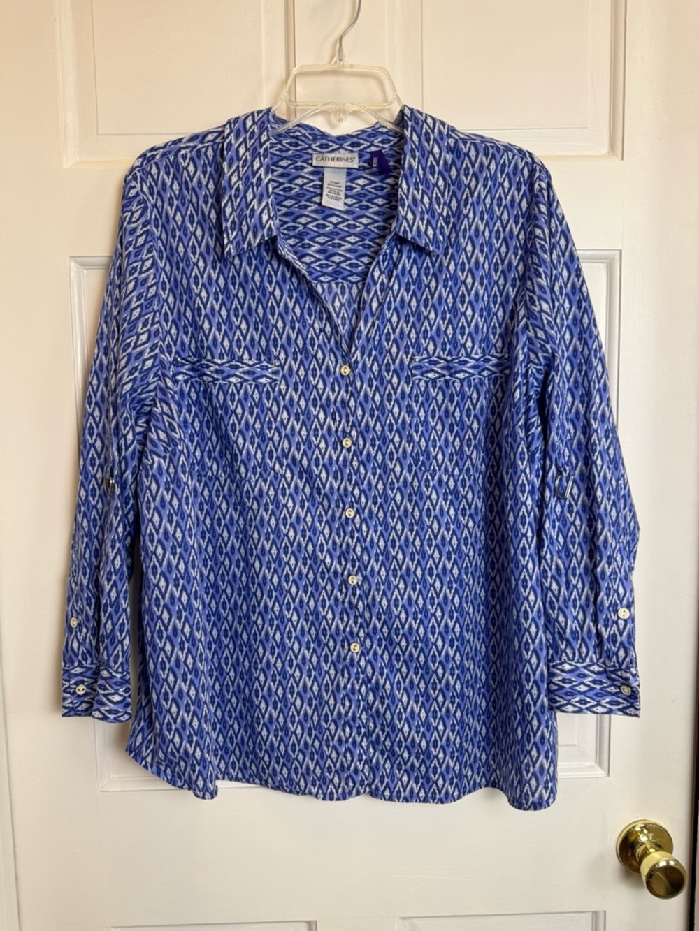 Catherines Blue & White Diamond-Print Cotton Blouse 2XWP Women’s Petite